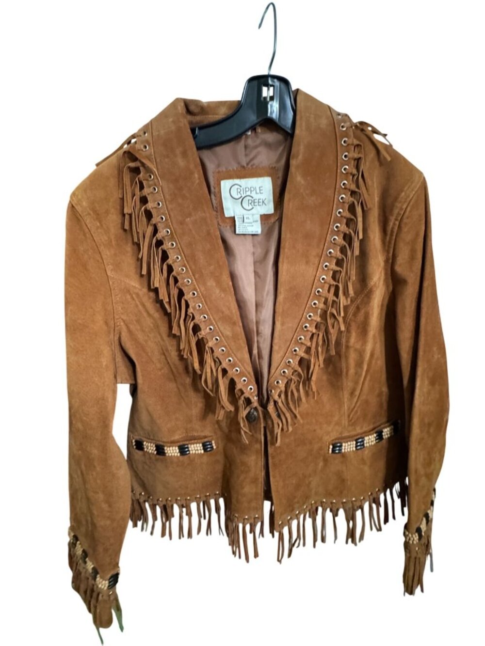 Cripple Creek Womens Western Suede Fringe Jacket Beaded Trim Brown XL 23" Vintag - Picture 3 of 14